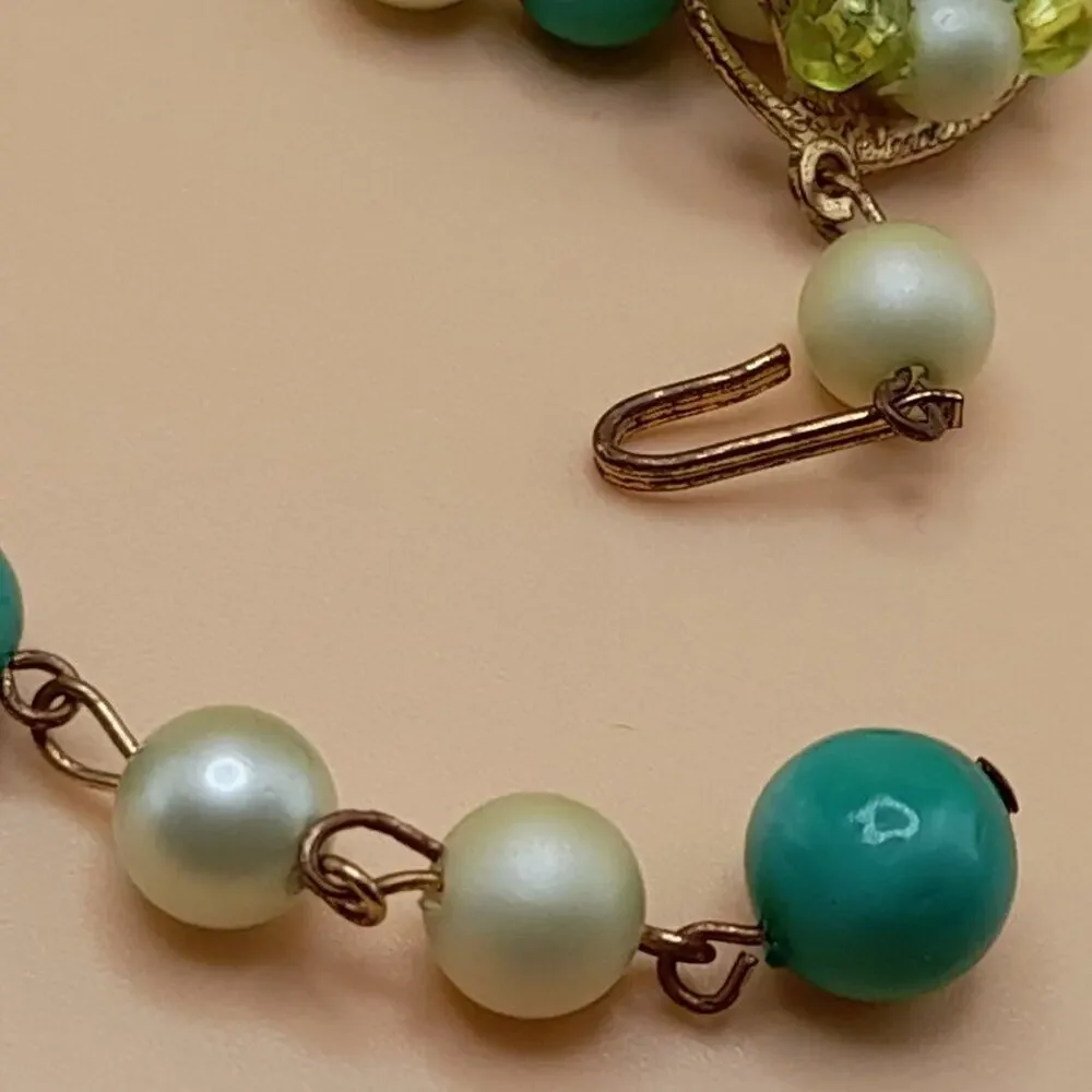Vintage Green White Bead Necklace, Four Strands, AB Crystal Aspirin Beads, 16 In